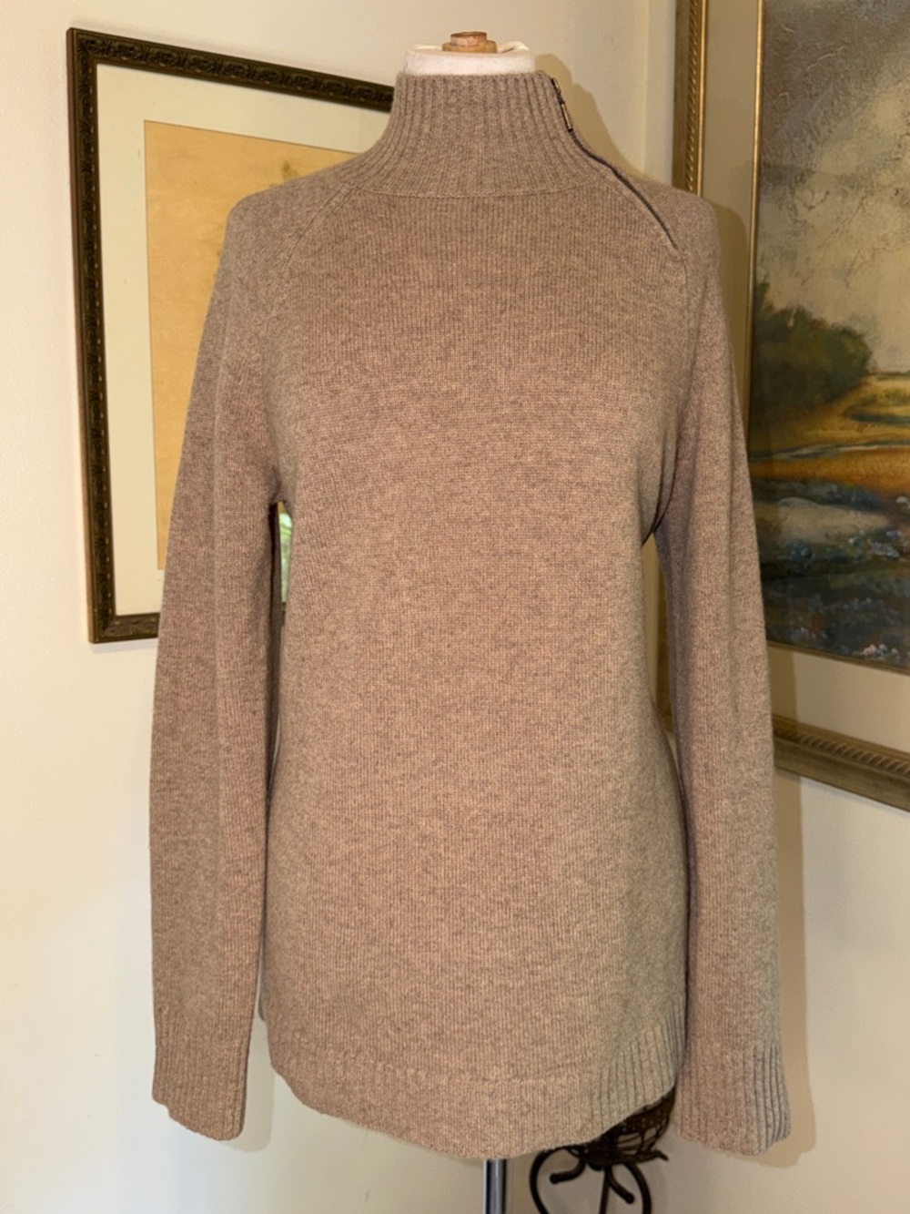 Garnet Hill Sweater -100% Cashmere Women's Zip Neck Long-Sleeve  - Taupe LARGE